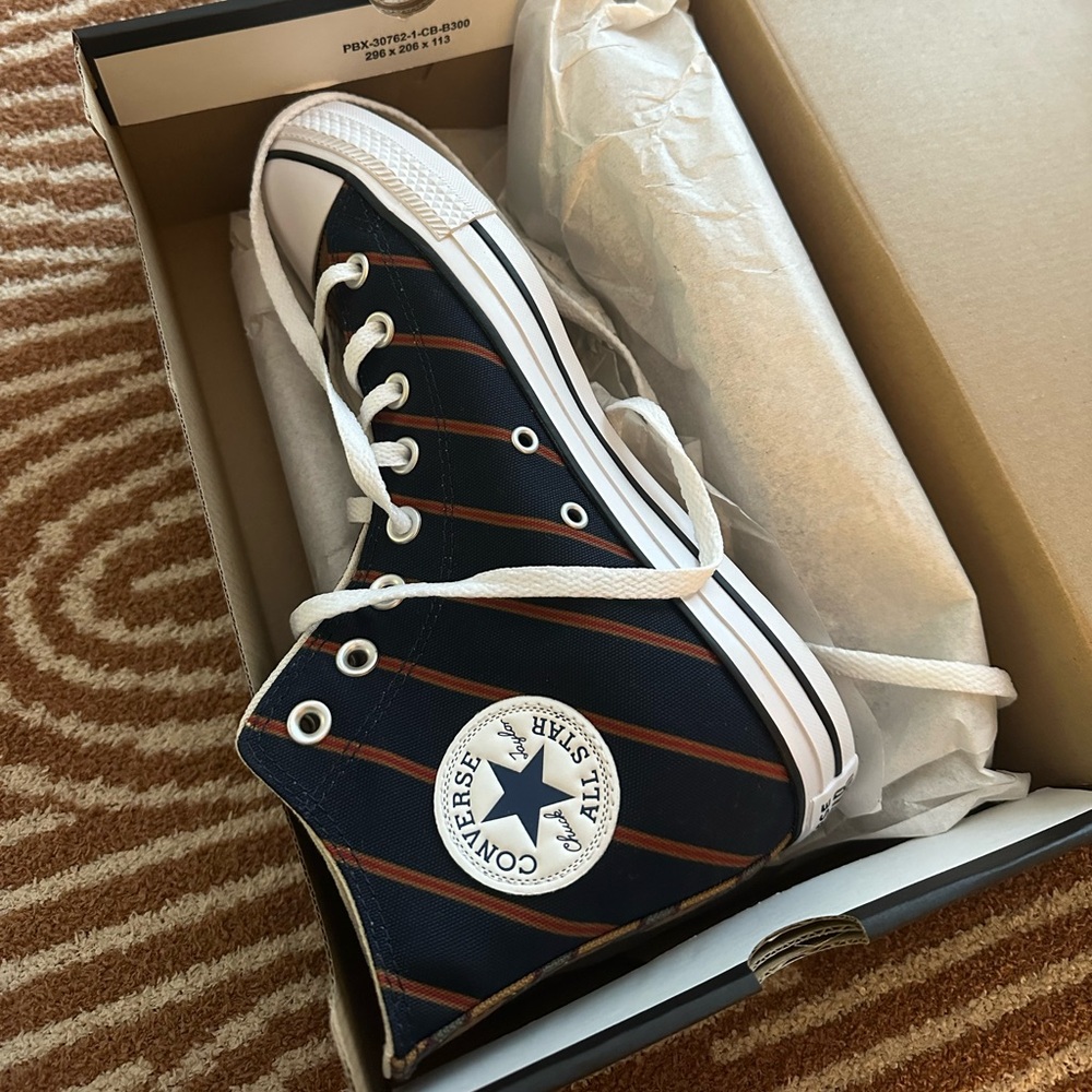 Converse Navy and Brown Striped High-Tops (never worn! brand new!)